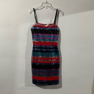 Multicolor sequin striped mini dress with tie back NWT